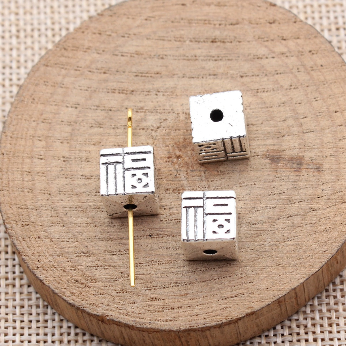 9.4x9x9mm 4.4g Antique Silver Zinc Alloy Square Fu Character Small Hole Spacer Beads for DIY Jewelry Making