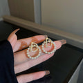 Pearl Trim Letter D Gold Tone Statement Hoop Stud Earrings view 6