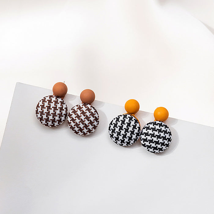 Houndstooth Fabric Round Stud Earrings Brown and Black White