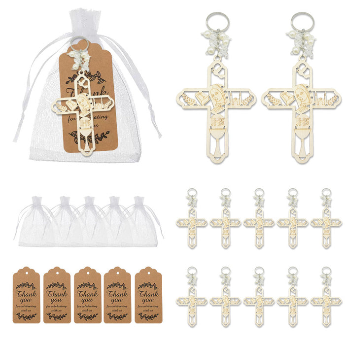 Wooden Communion Cross Ihs Pearl Bead Keychain Metal Charm