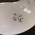 Layered Ribbed Hoop Stud Earrings in Gold and Silver Tone view 3