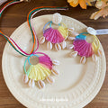Rainbow Raffia Fan Cowrie Shell Necklace Earrings Beach Set view 2