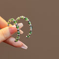 Green and Silver Round Beaded Half Hoop Stud Earrings view 1