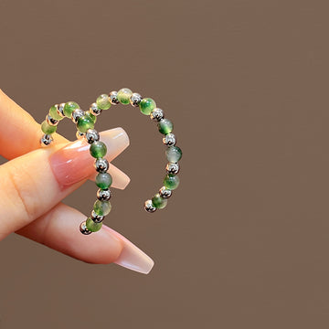 Green and Silver Round Beaded Half Hoop Stud Earrings