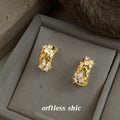Gold Textured Half Hoop Earrings Clear Crystal Cluster Accents view 1