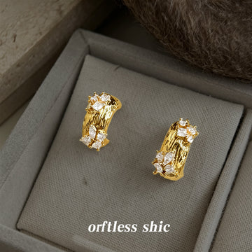 Gold Textured Half Hoop Earrings Clear Crystal Cluster Accents