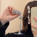 Antique Silver Tone Ornate Barrette With White Stones And Bell Tassels view 1