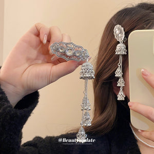 Antique Silver Tone Ornate Barrette With White Stones And Bell Tassels