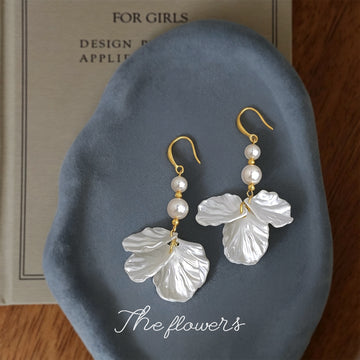 Gold Hook Double Pearl White Shell Petal Drop Earrings