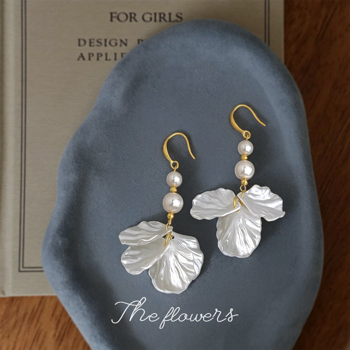 Gold Hook Double Pearl White Shell Petal Drop Earrings