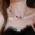 Red Heart Crystal Bow Layered Chain Statement Necklace view 1