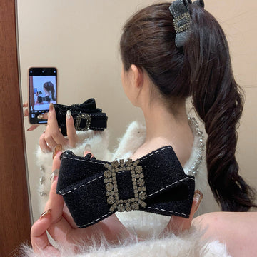 Fabric Bow Hair Claw Clip Square Rhinestone Buckle Gray
