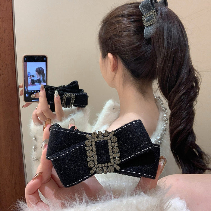 Fabric Bow Hair Claw Clip Square Rhinestone Buckle Gray
