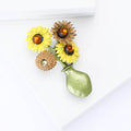 Sunflower Vase Brooch with Green Enamel Vase and Gold Tone Blooms view 3