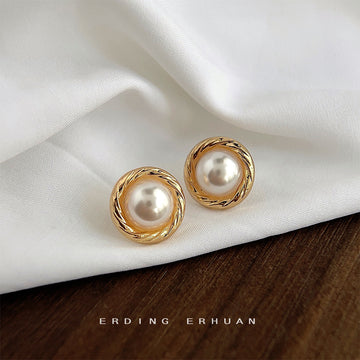 Gold Tone Twisted Frame White Pearl Round Stud Earrings