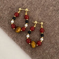 Multicolor Beaded Hoop Stud Earrings with Gold Tone Details view 6