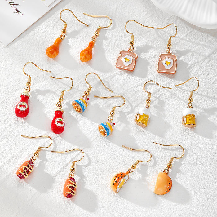 Enamel Food Dangle Earrings Gold Hooks Cake Beer Drumstick 7 Styles