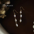 Gold Tone Triple Baroque Pearl Long Drop Hook Earrings view 1