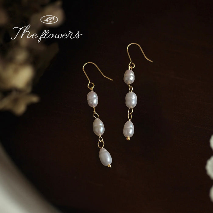 Gold Tone Triple Baroque Pearl Long Drop Hook Earrings