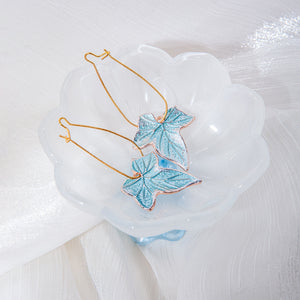 Blue Enamel Ivy Leaf Drop Earrings on Extra-Long Gold-Tone Loops