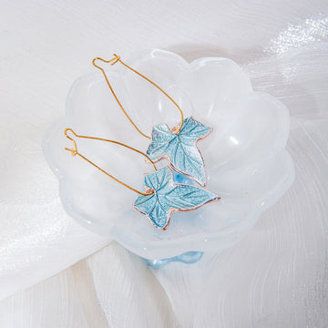 Blue Maple Leaf Extra Long Gold Tone Loop Earrings