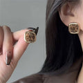 Leopard Print Square Stud Earrings with Gold Tone Frames view 3