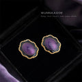 Gold Purple Enamel Scalloped Oval Frame Stud Earrings view 3