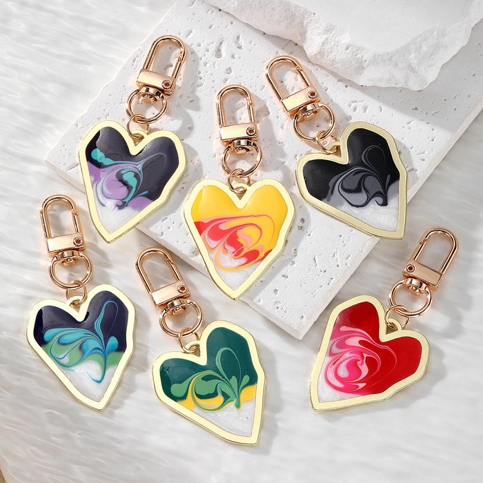 Gold Tone Heart Marbled Swirl Enamel Clip Keychains in Six Colors