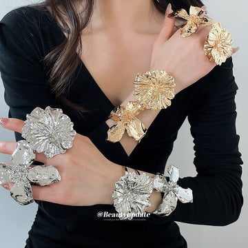 Oversized Metal Flower Cuff Bracelets Rings Eight Styles