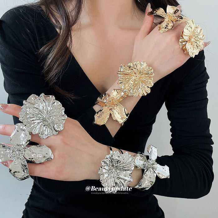 Oversized Metal Flower Cuff Bracelets Rings Eight Styles