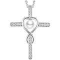 Silver Pave Cross Pendant Necklace Pearl Heart Center view 1