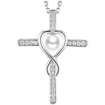 Silver Pave Cross Pendant Necklace Pearl Heart Center