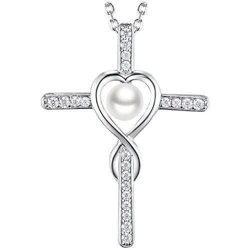 Close silver pave cross pendant white pearl in open heart center on chain