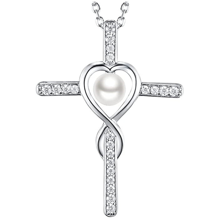 Silver Pave Cross Pendant Necklace Pearl Heart Center
