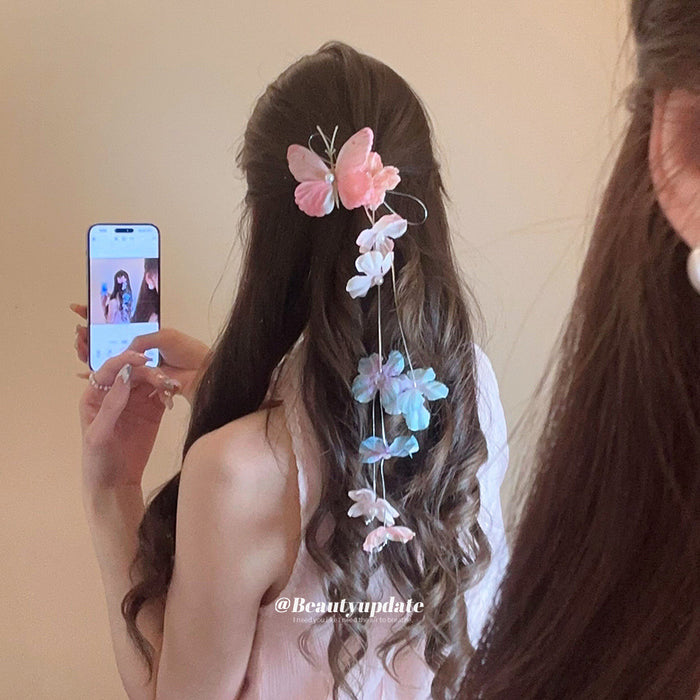 Fabric Butterfly Flower Tassel Hair Clips Pink Blue