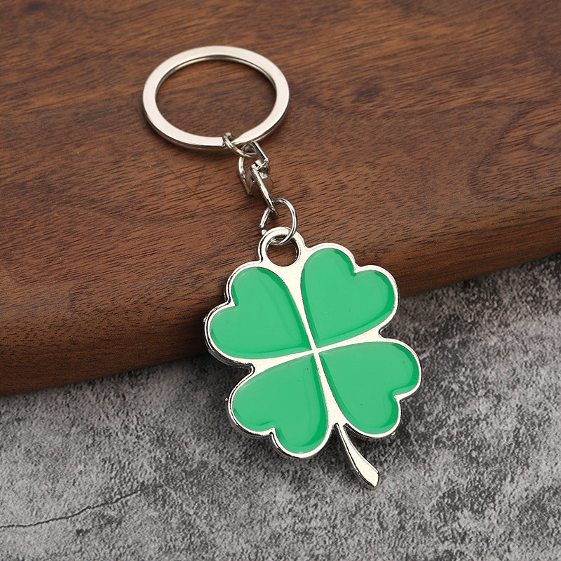 Lucky Four Leaf Clover Metal Keychain with Large Green Leaf Charm
