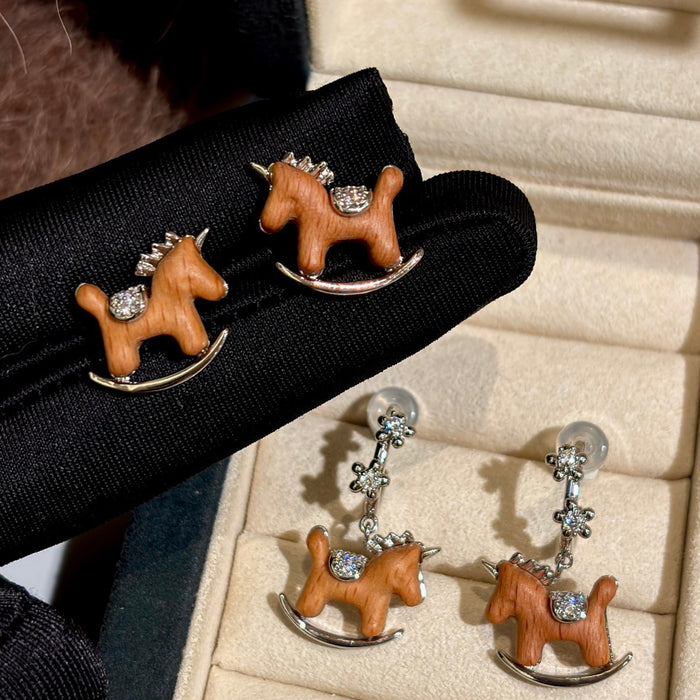 Brown Resin Rocking Horse Stud Earrings with Clear Accents