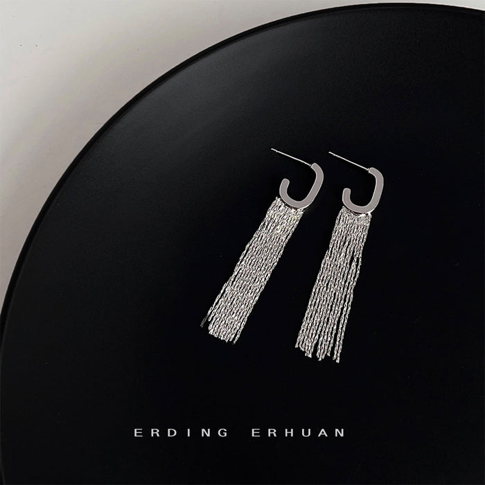 Silver-Tone Geometric C-Shape Chain Fringe Drop Earrings