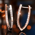 Rose Gold Tone Elongated Hoop Earrings with Clear Stones view 2