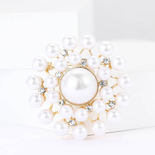 Round Faux Pearl Flower brooch shown in angled product view