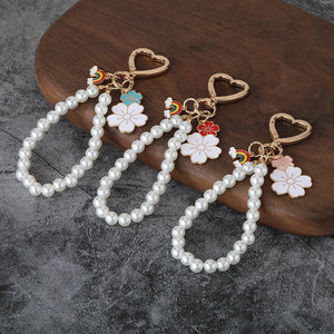 Heart-Clasp Keychain with Pearl Bead Loop, Rainbow and Flower Charms