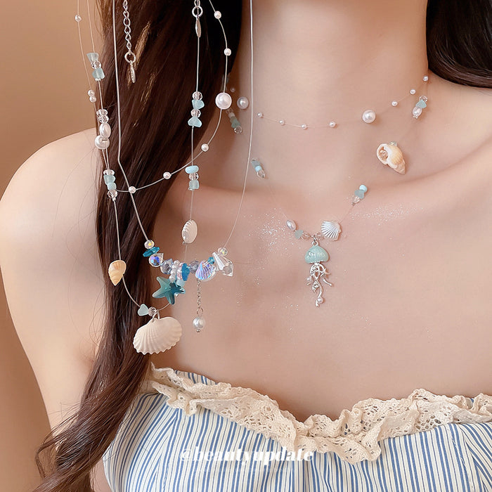 Blue and White Shell Pearl Layered Necklaces Statement Jewelry