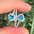 Silver Tone Blue Double Heart Crystal Open Ring view 3