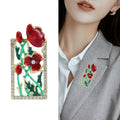 Red Enamel Poppy Brooch Crystal Rectangle Frame Gold view 3