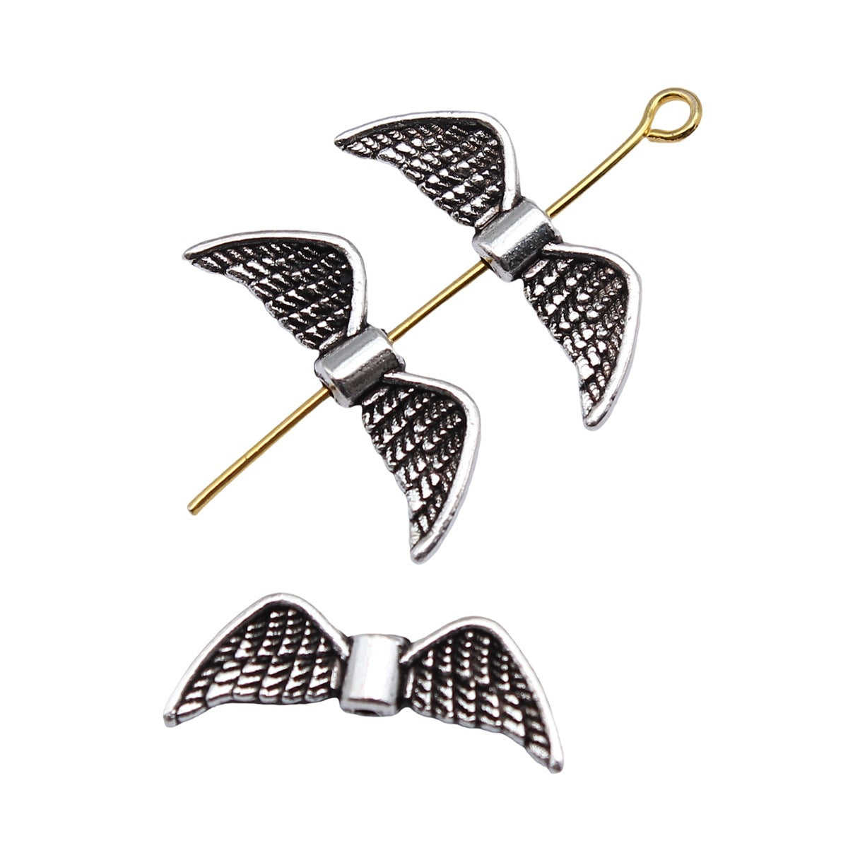 22x8mm 0.75g Antique Silver Zinc Alloy Wing Loose Metal Beads for DIY Necklace Bracelet Making