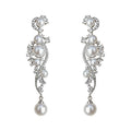 Silver Pearl Crystal Vine Swirl Long Drop Earrings view 5