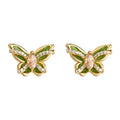 Gold Green Enamel Butterfly Stud Earrings Peach Crystal Center view 5