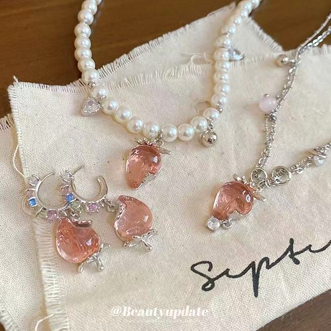 Pink Crystal Strawberry Pearl Necklace Earring Styles