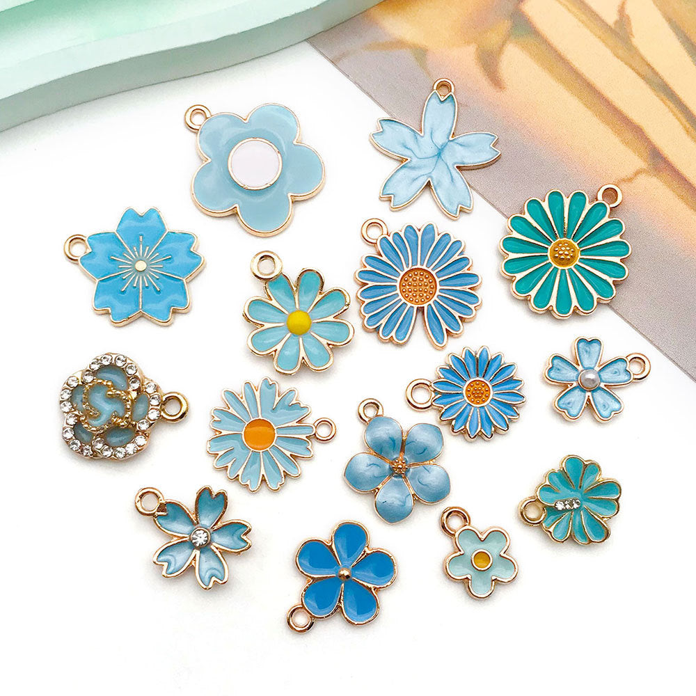 Lake Blue Enamel Zinc Alloy Daisy Rose Flower Charm Pendants for DIY Keychain Jewelry