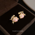 Gold Cat Claw Pink Heart Enamel CZ Accent Stud Earrings view 6